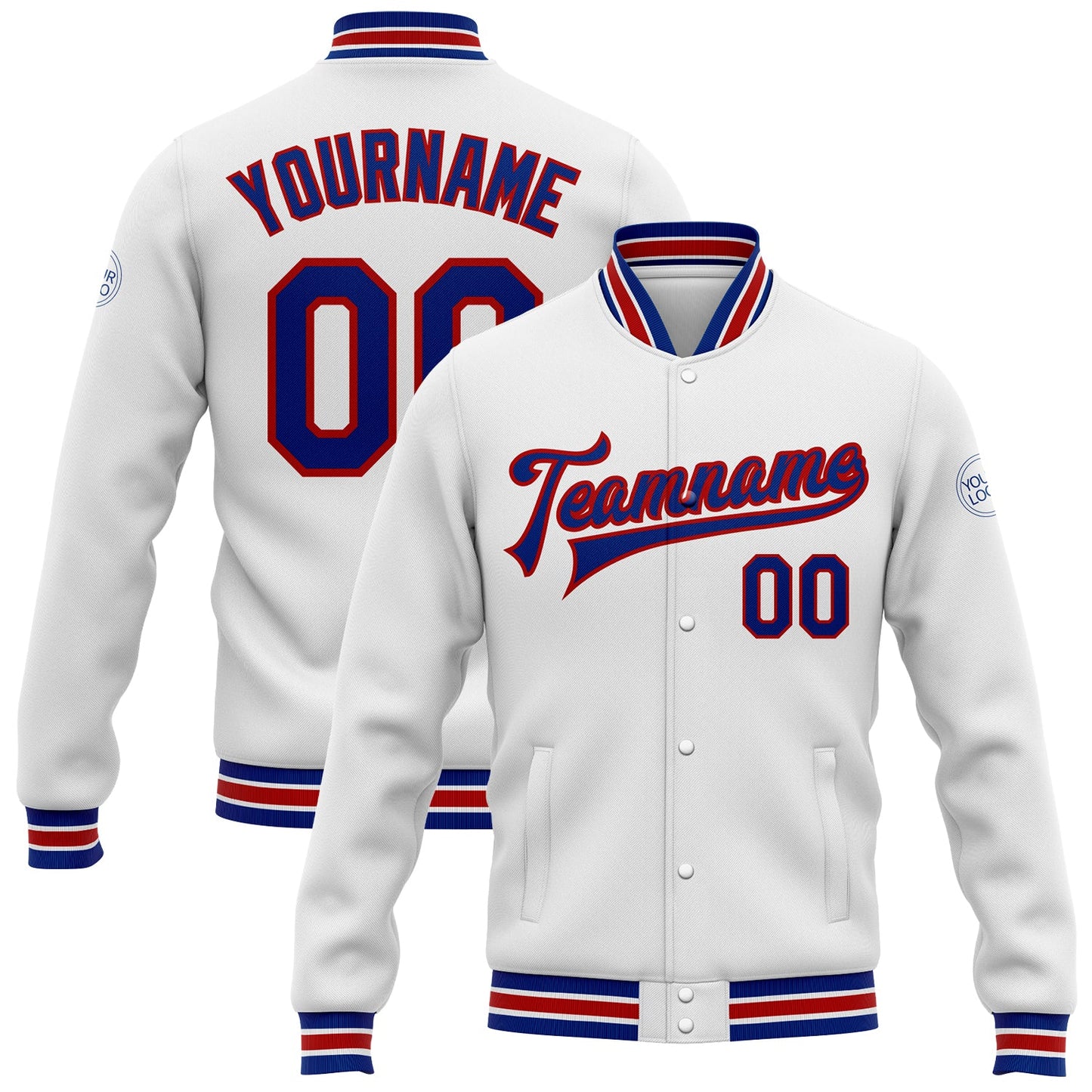 Custom White Royal-Red Bomber Full-Snap Varsity Letterman Jacket - Main View