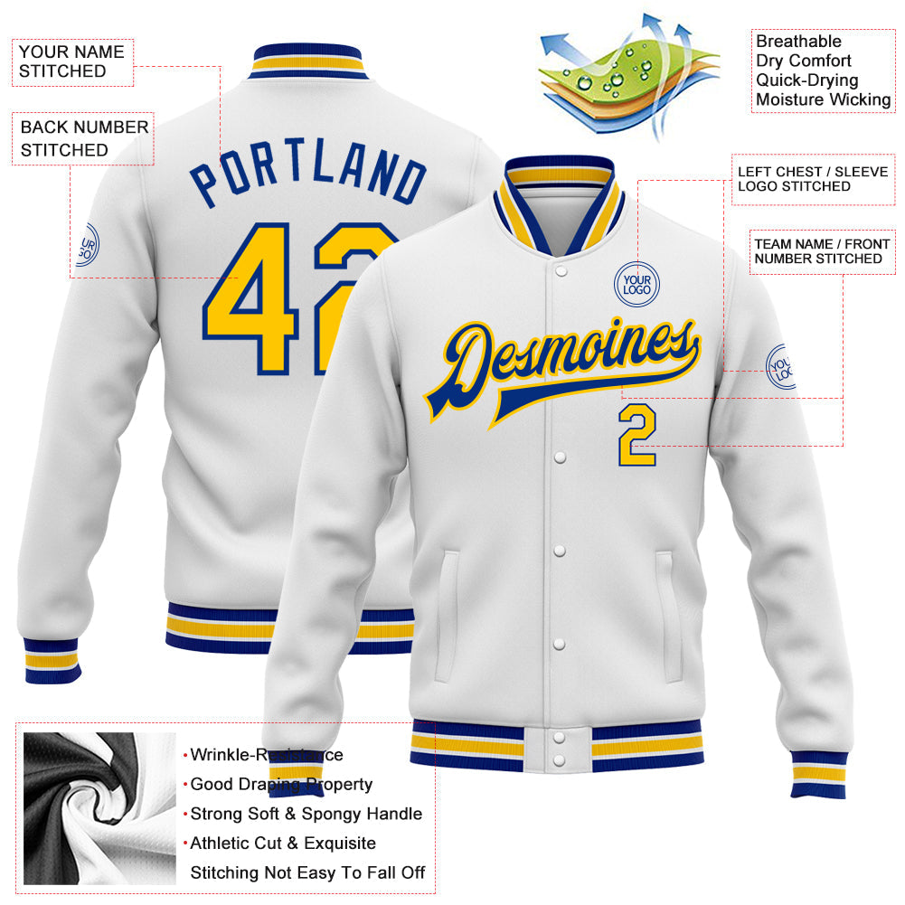Custom White Yellow-Royal Bomber Full-Snap Varsity Letterman Jacket view 5