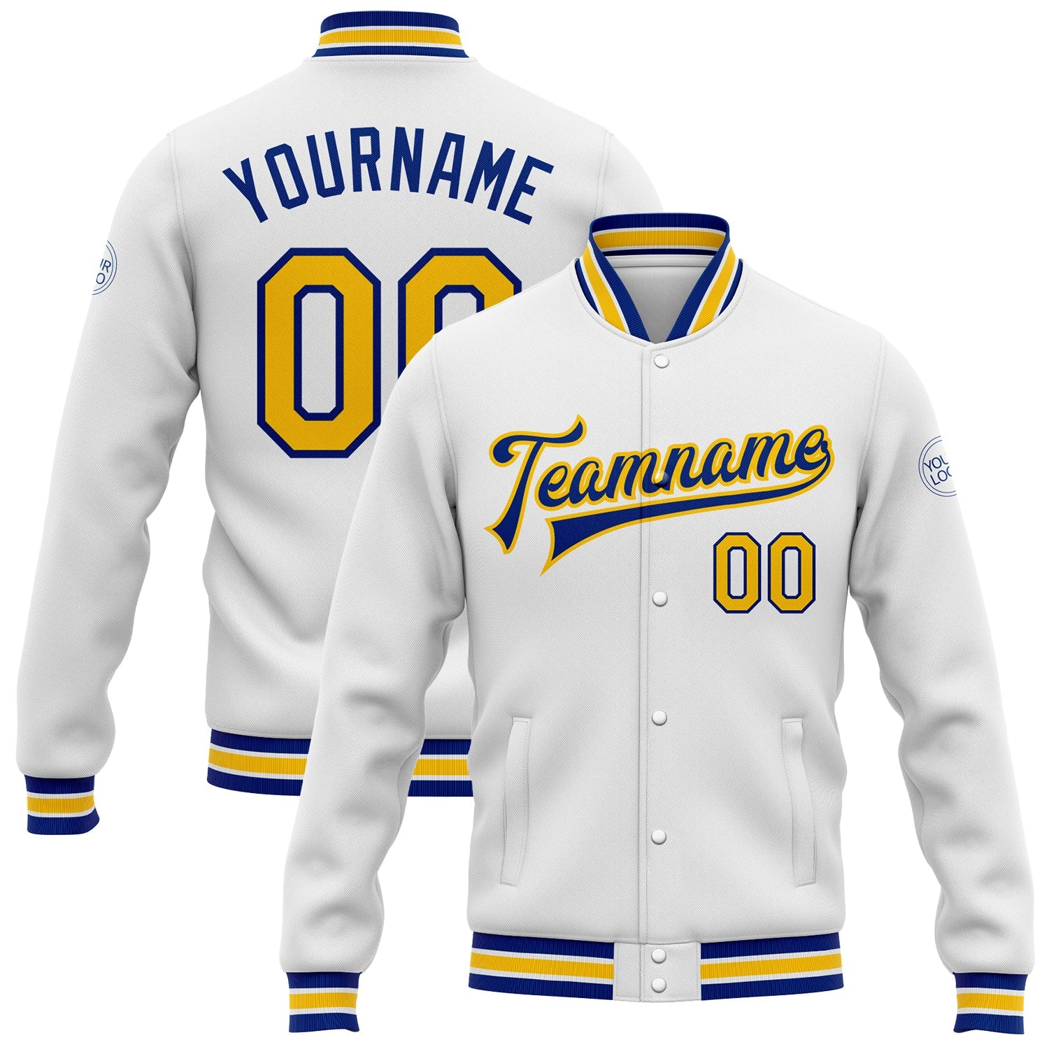 Custom White Yellow-Royal Bomber Full-Snap Varsity Letterman Jacket - Main View
