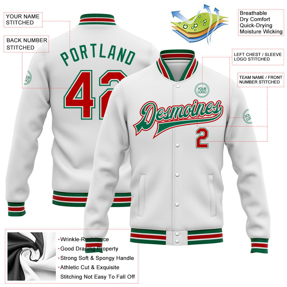 Custom White Red-Kelly Green Bomber Full-Snap Varsity Letterman Jacket view 5