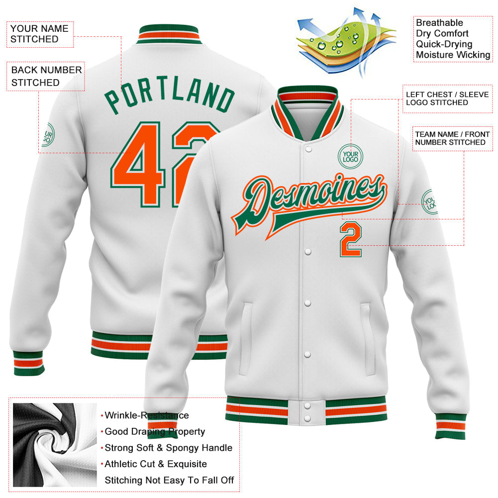 Custom White Orange-Kelly Green Bomber Full-Snap Varsity Letterman Jacket view 5