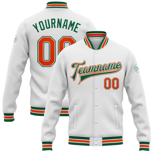 Custom White Orange-Kelly Green Bomber Full-Snap Varsity Letterman Jacket - Main View
