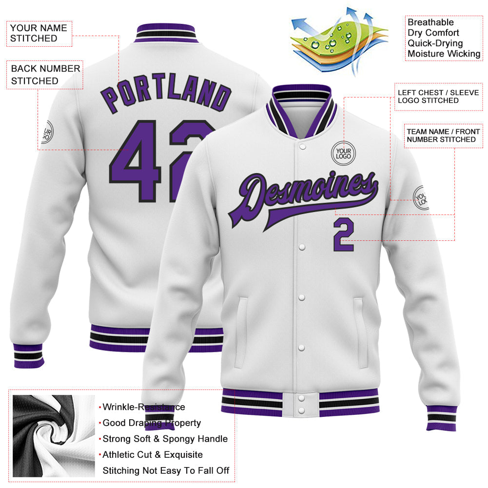 Custom White Purple-Black Bomber Full-Snap Varsity Letterman Jacket view 5