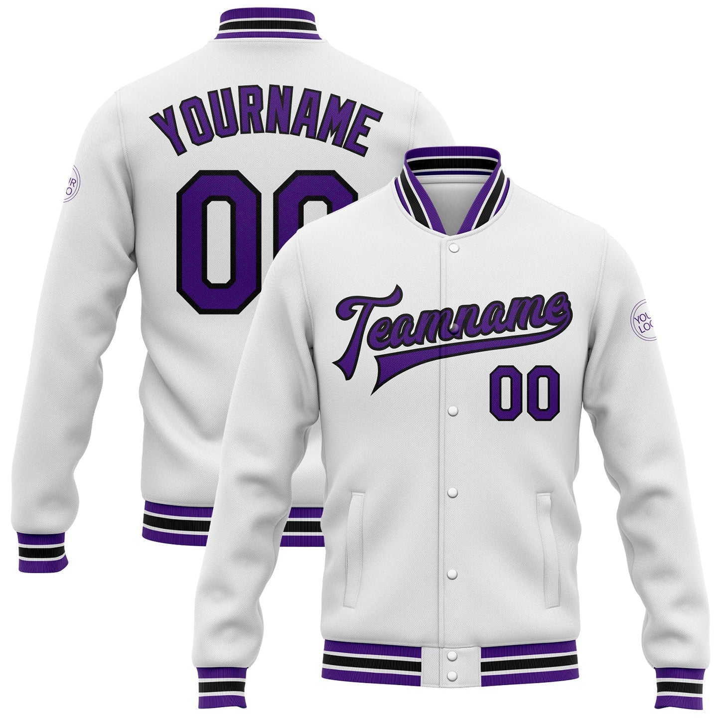 Custom White Purple-Black Bomber Full-Snap Varsity Letterman Jacket - Main View