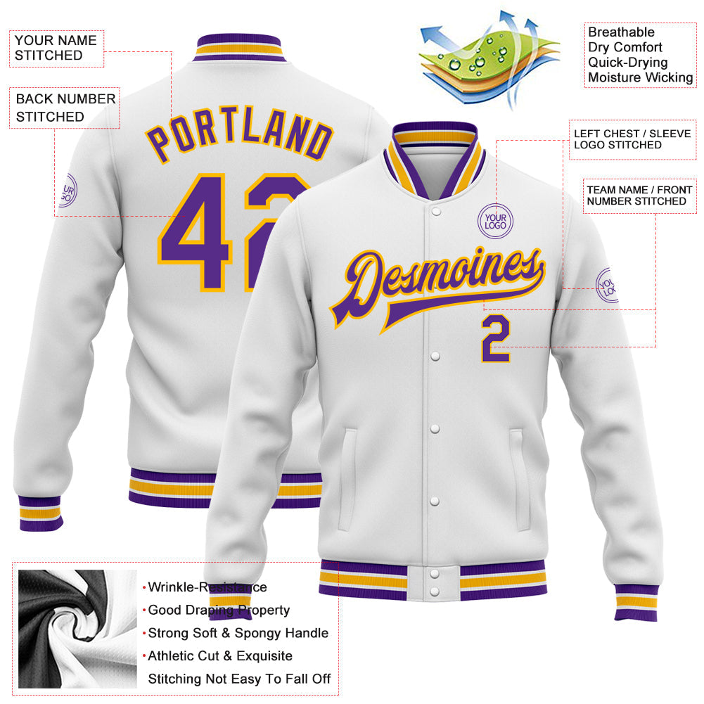 Custom White Purple-Gold Bomber Full-Snap Varsity Letterman Jacket view 5