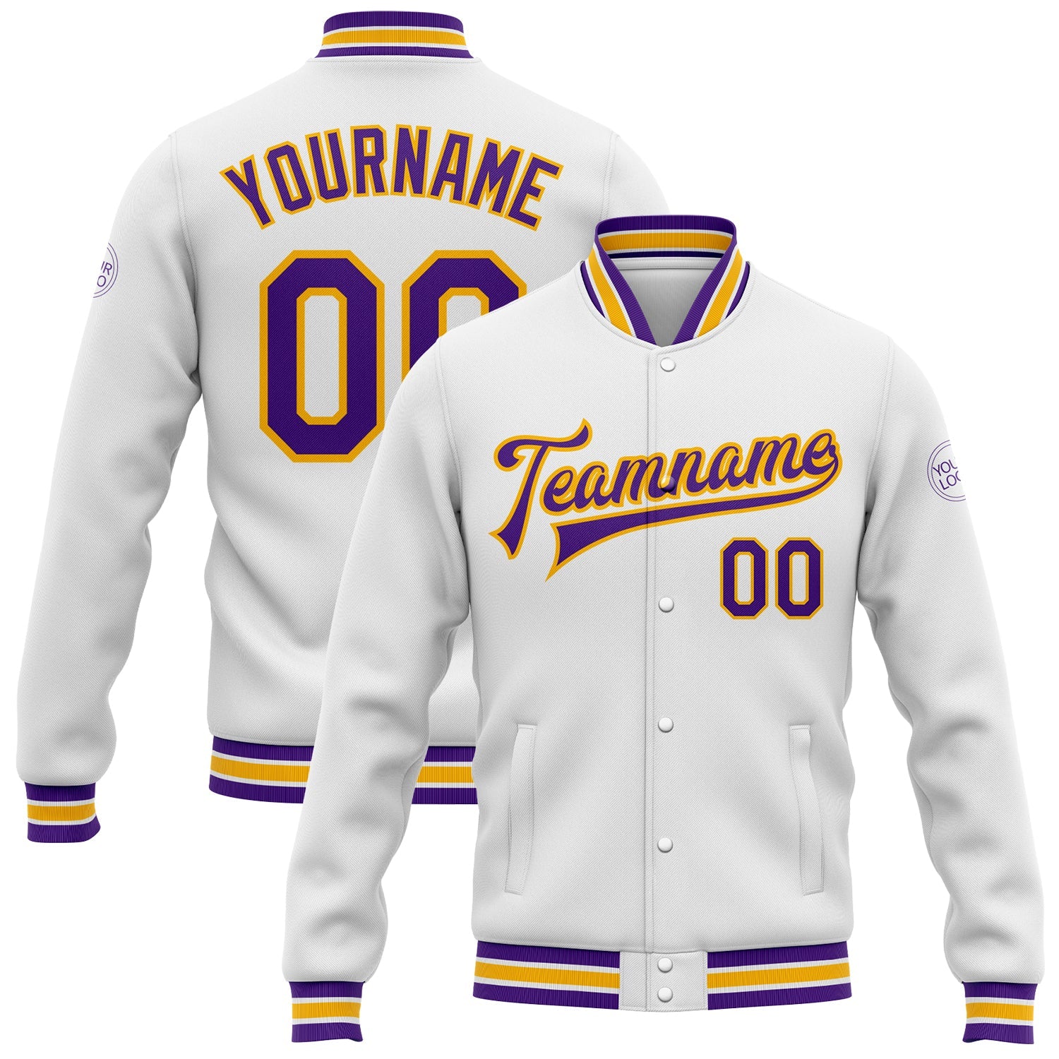 Custom White Purple-Gold Bomber Full-Snap Varsity Letterman Jacket - Main View