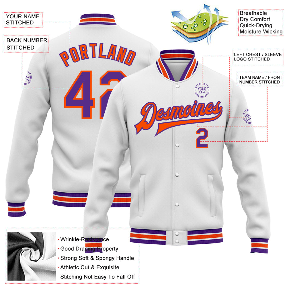 Custom White Purple-Orange Bomber Full-Snap Varsity Letterman Jacket view 5