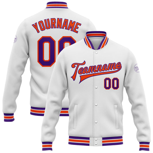 Custom White Purple-Orange Bomber Full-Snap Varsity Letterman Jacket - Main View
