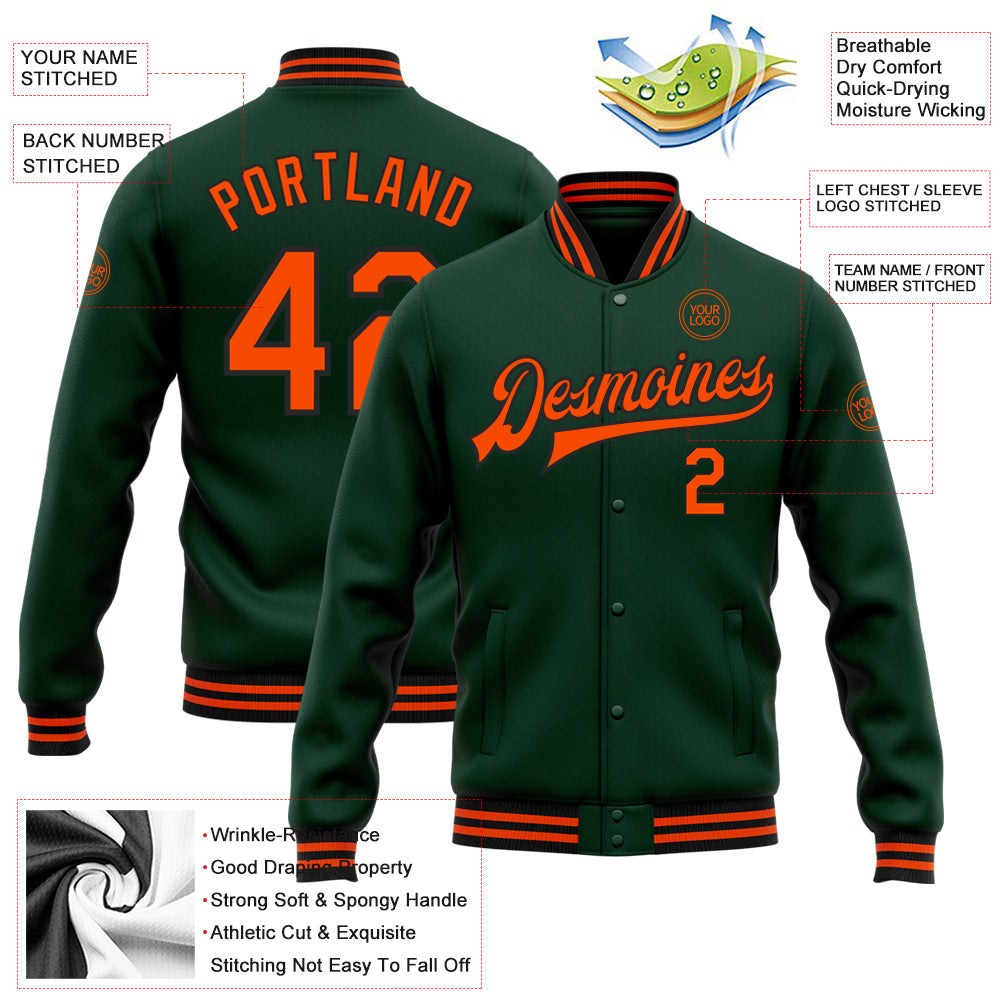 Custom Green Orange-Black Bomber Full-Snap Varsity Letterman Jacket view 5