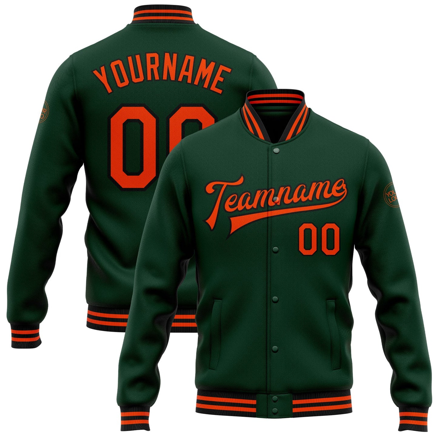 Custom Green Orange-Black Bomber Full-Snap Varsity Letterman Jacket - Main View