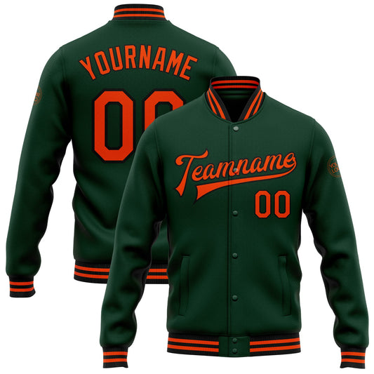 Custom Green Orange-Black Bomber Full-Snap Varsity Letterman Jacket - Main View