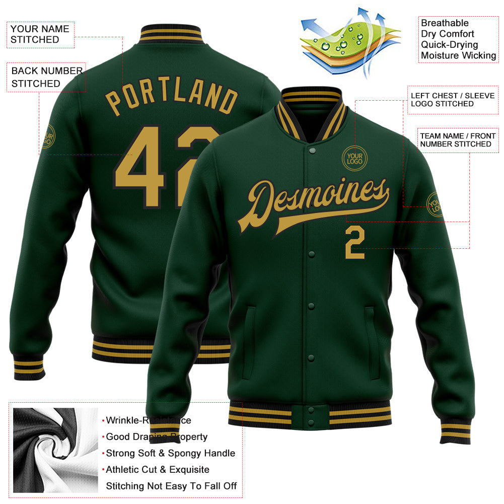 Custom Green Old Gold-Black Bomber Full-Snap Varsity Letterman Jacket view 5