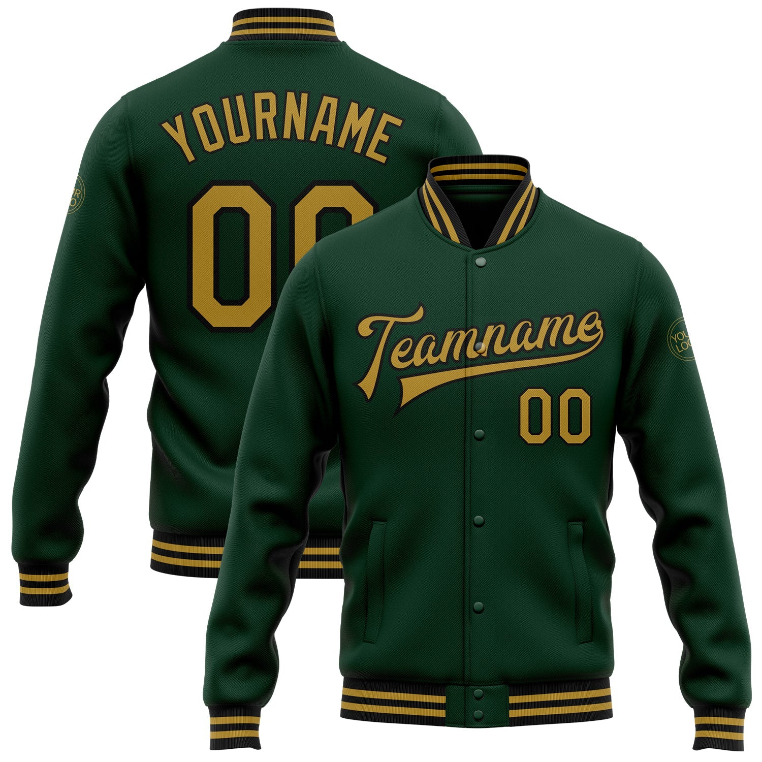 Custom Green Old Gold-Black Bomber Full-Snap Varsity Letterman Jacket - Main View