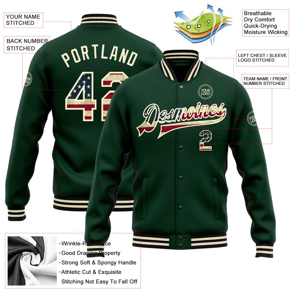 Custom Green Vintage USA Flag Cream-Black Bomber Full-Snap Varsity Letterman Jacket view 5