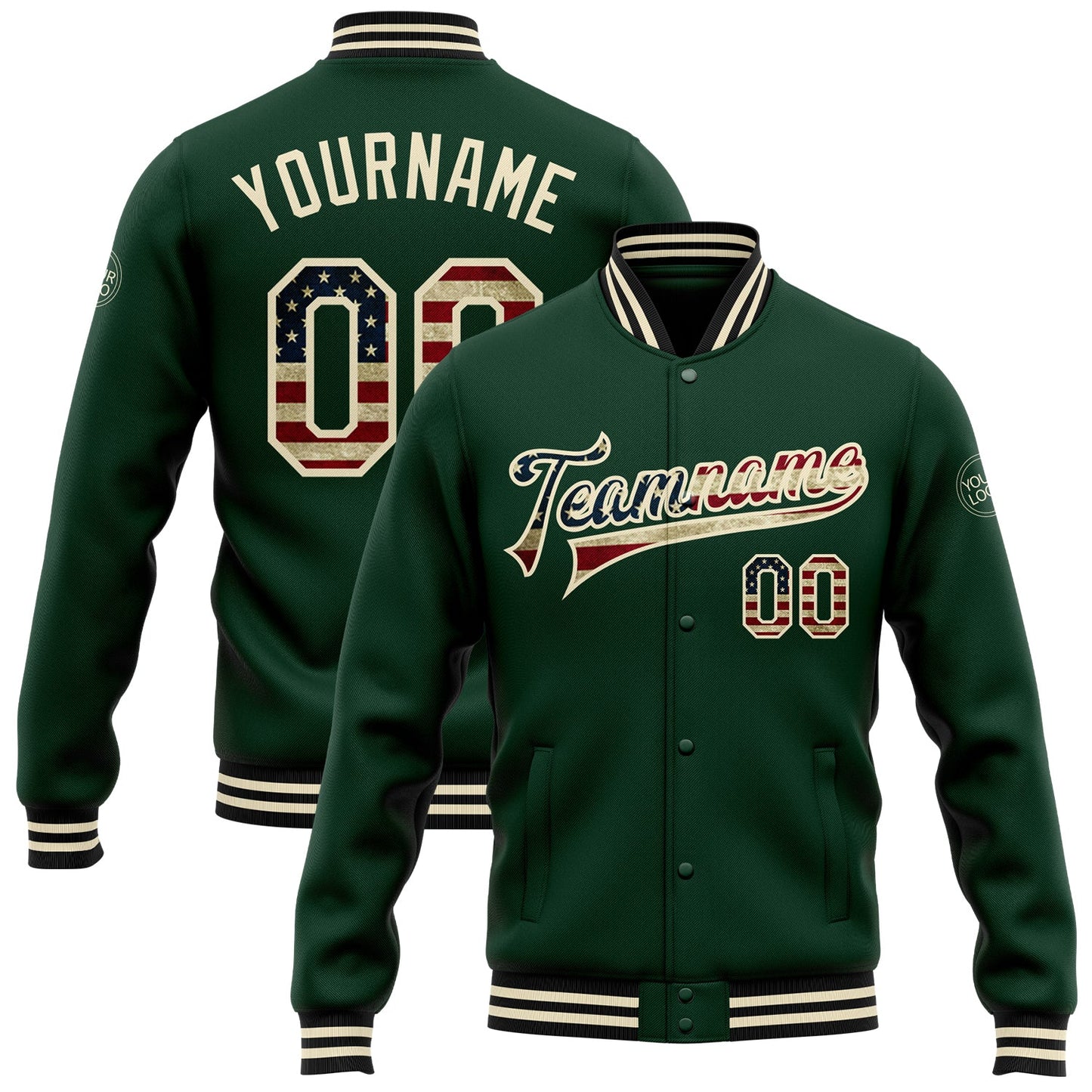 Custom Green Vintage USA Flag Cream-Black Bomber Full-Snap Varsity Letterman Jacket - Main View