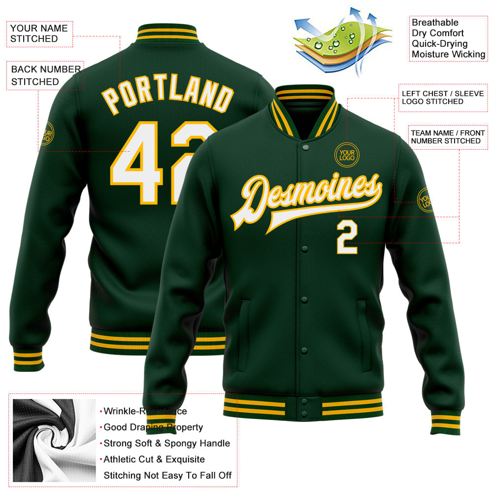 Custom Green White-Gold Bomber Full-Snap Varsity Letterman Jacket view 5