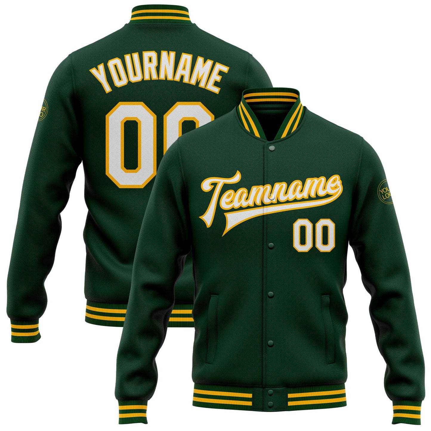 Custom Green White-Gold Bomber Full-Snap Varsity Letterman Jacket - Main View