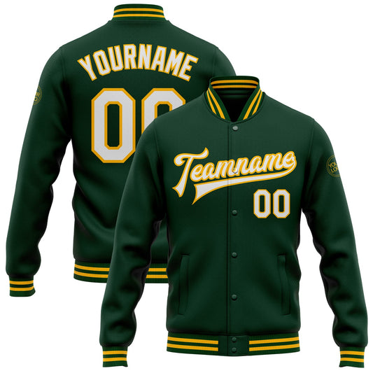 Custom Green White-Gold Bomber Full-Snap Varsity Letterman Jacket - Main View