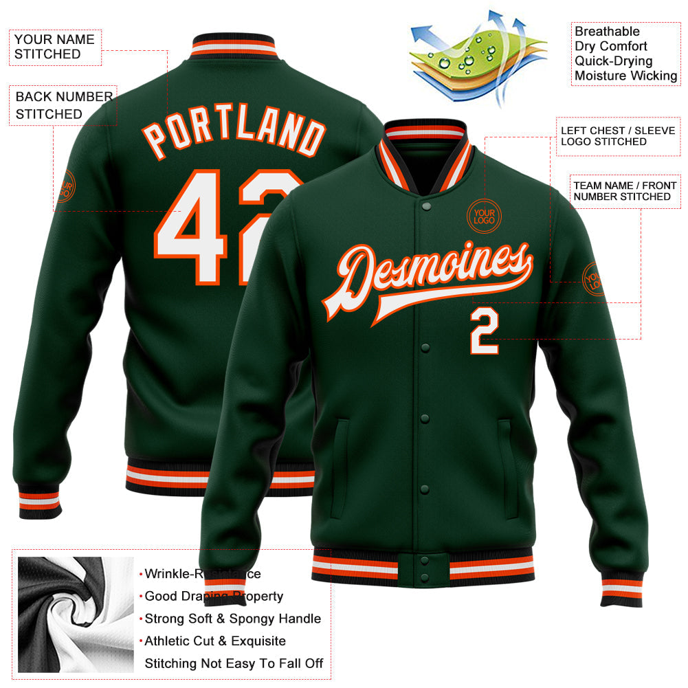 Custom Green White Orange-Black Bomber Full-Snap Varsity Letterman Jacket view 5