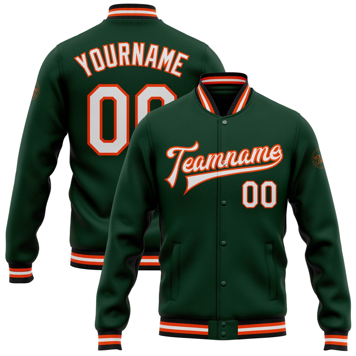 Custom Green White Orange-Black Bomber Full-Snap Varsity Letterman Jacket - Main View