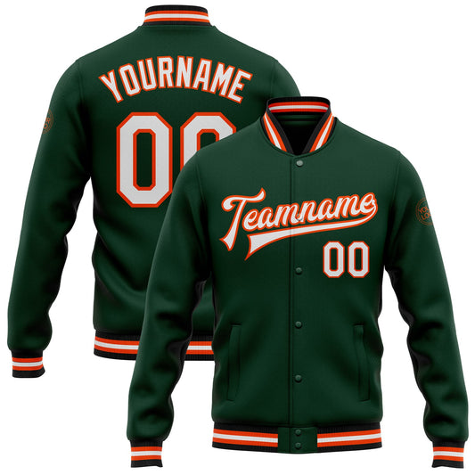 Custom Green White Orange-Black Bomber Full-Snap Varsity Letterman Jacket - Main View