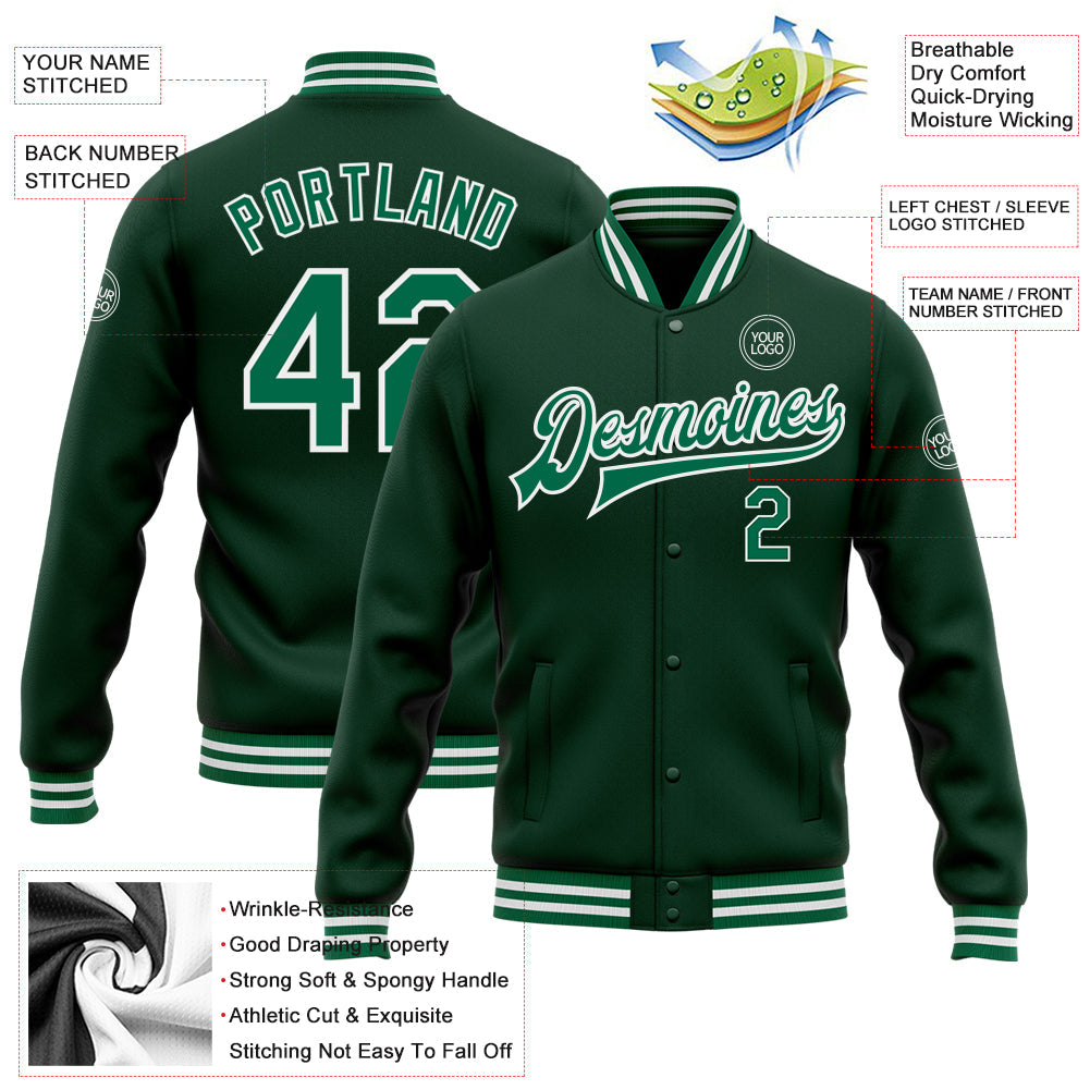 Custom Green Kelly Green-White Bomber Full-Snap Varsity Letterman Jacket view 5