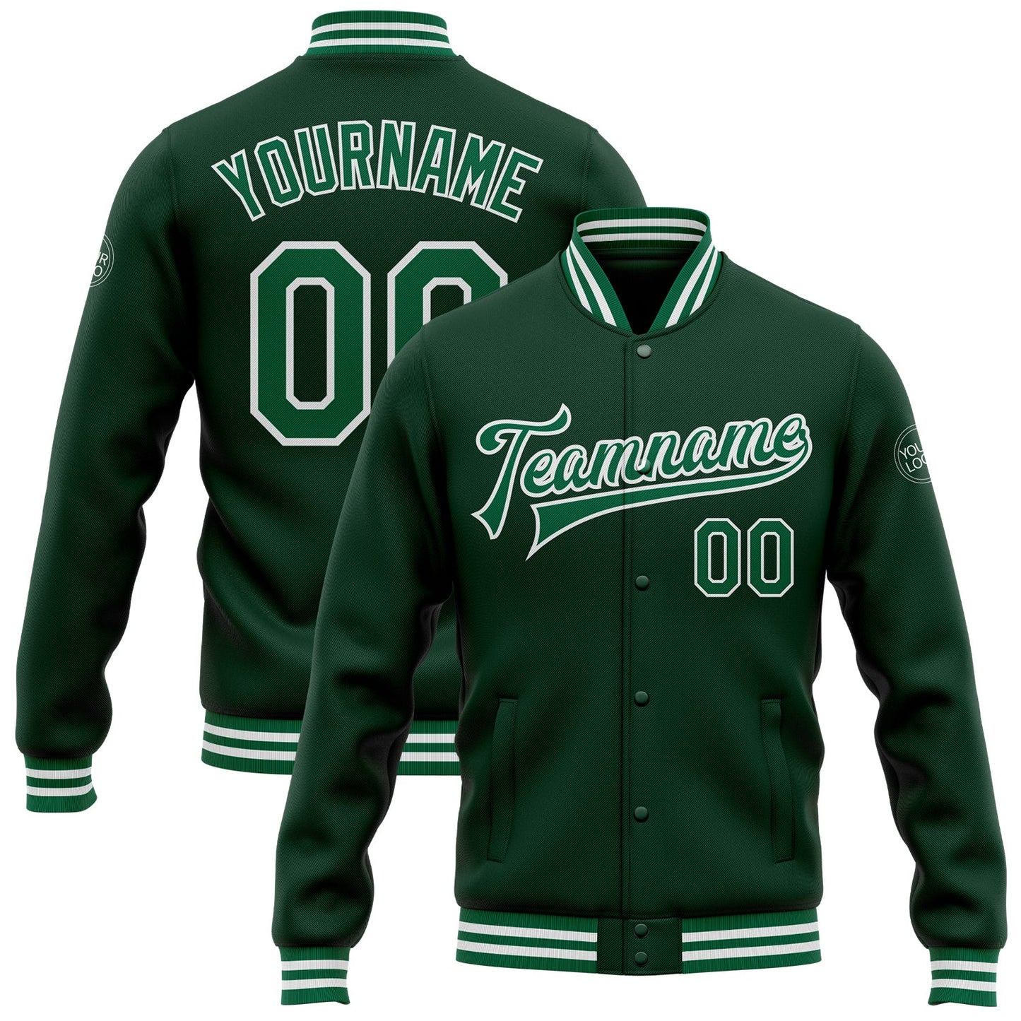 Custom Green Kelly Green-White Bomber Full-Snap Varsity Letterman Jacket - Main View