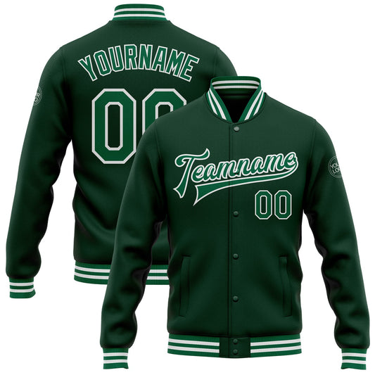 Custom Green Kelly Green-White Bomber Full-Snap Varsity Letterman Jacket - Main View