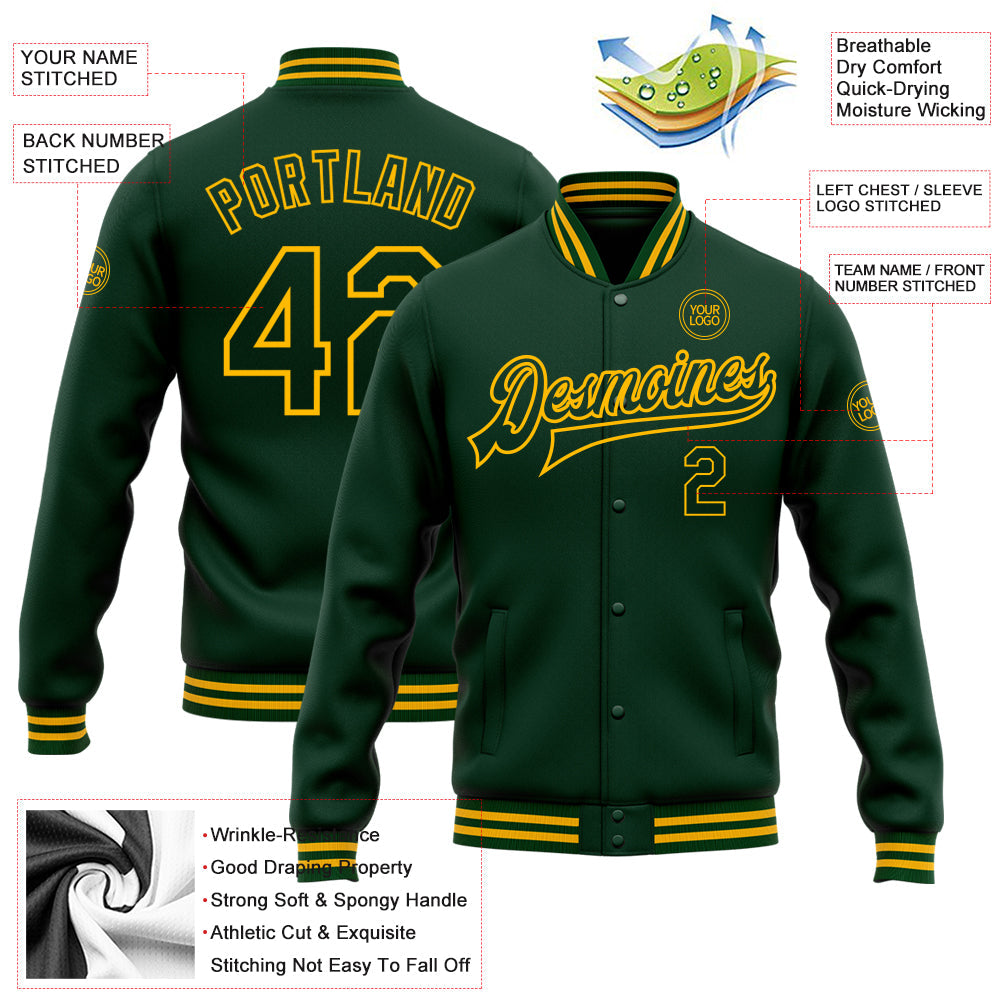 Custom Green Gold Bomber Full-Snap Varsity Letterman Jacket view 5