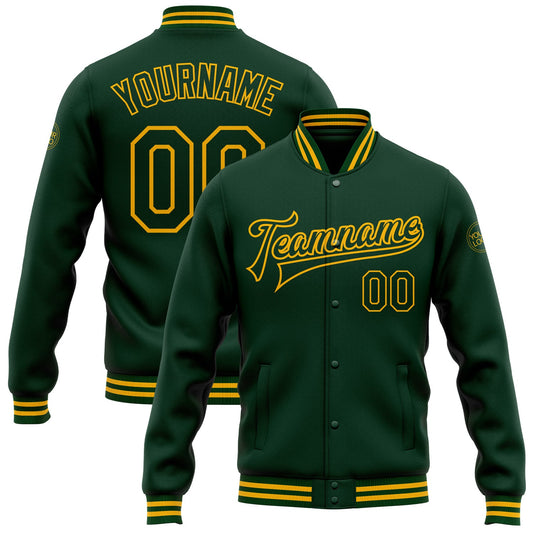 Custom Green Gold Bomber Full-Snap Varsity Letterman Jacket - Main View