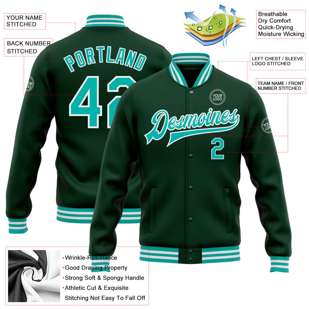 Custom Green Aqua-White Bomber Full-Snap Varsity Letterman Jacket view 5