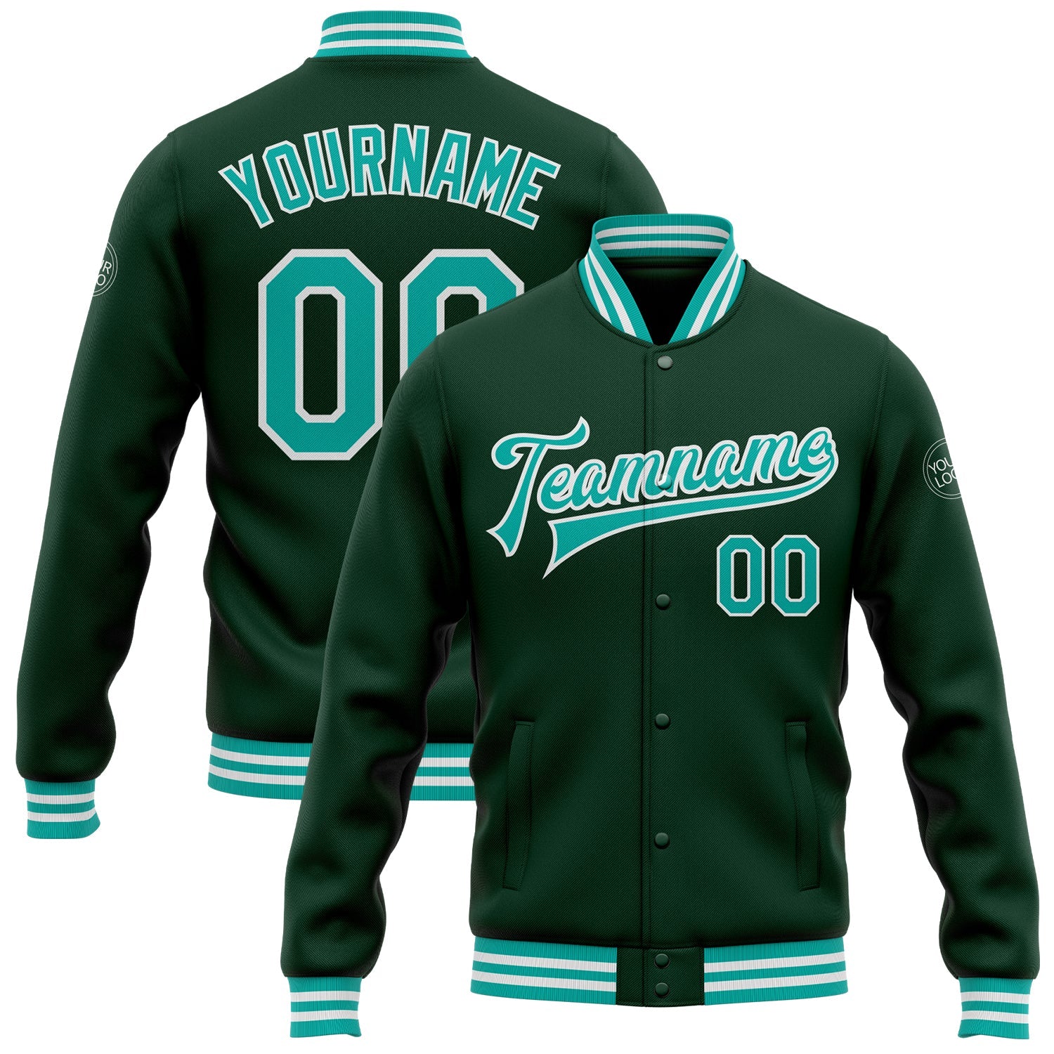 Custom Green Aqua-White Bomber Full-Snap Varsity Letterman Jacket - Main View
