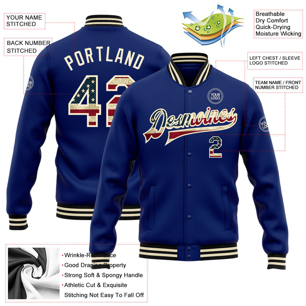 Custom Royal Vintage USA Flag Cream-Black Bomber Full-Snap Varsity Letterman Jacket view 5