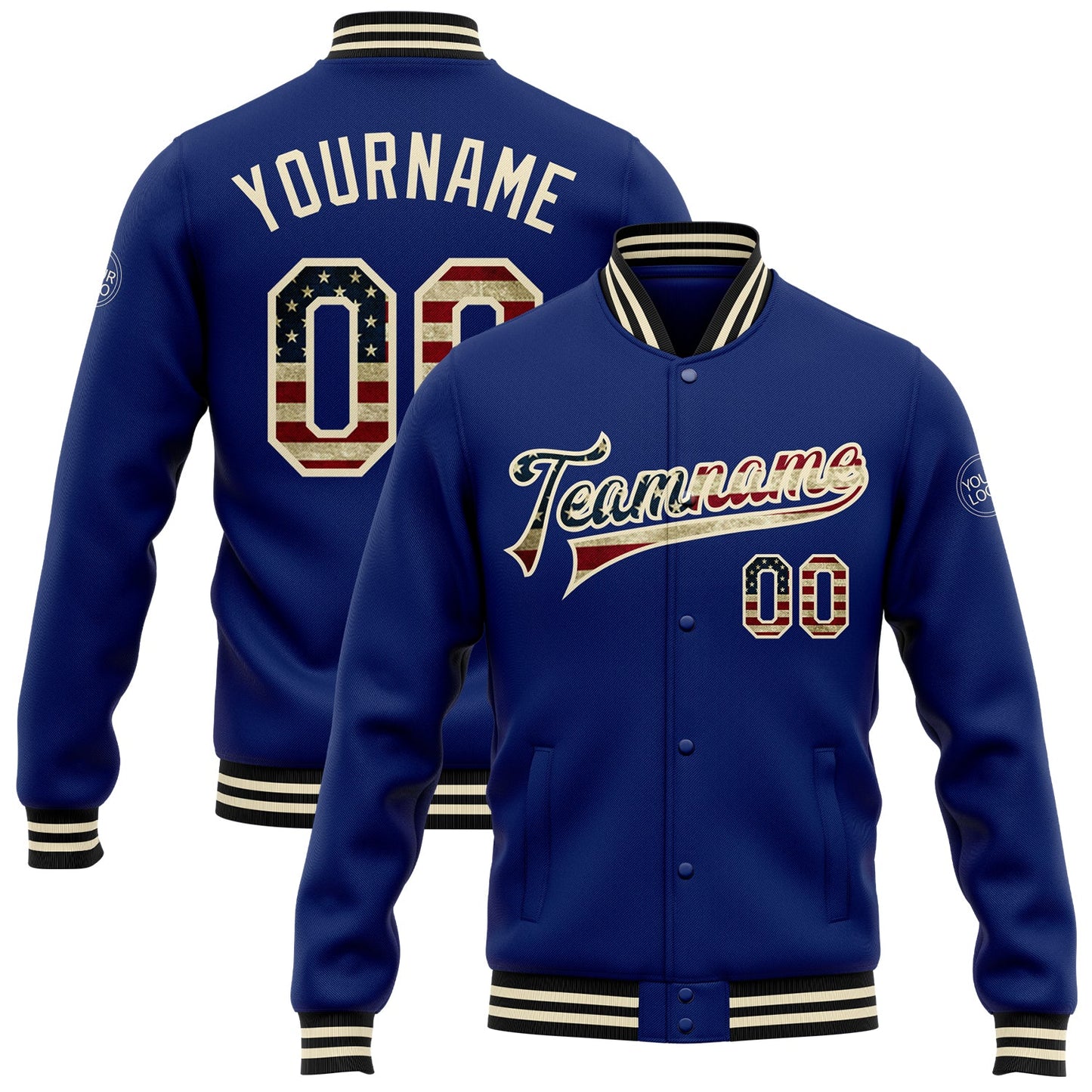 Custom Royal Vintage USA Flag Cream-Black Bomber Full-Snap Varsity Letterman Jacket - Main View