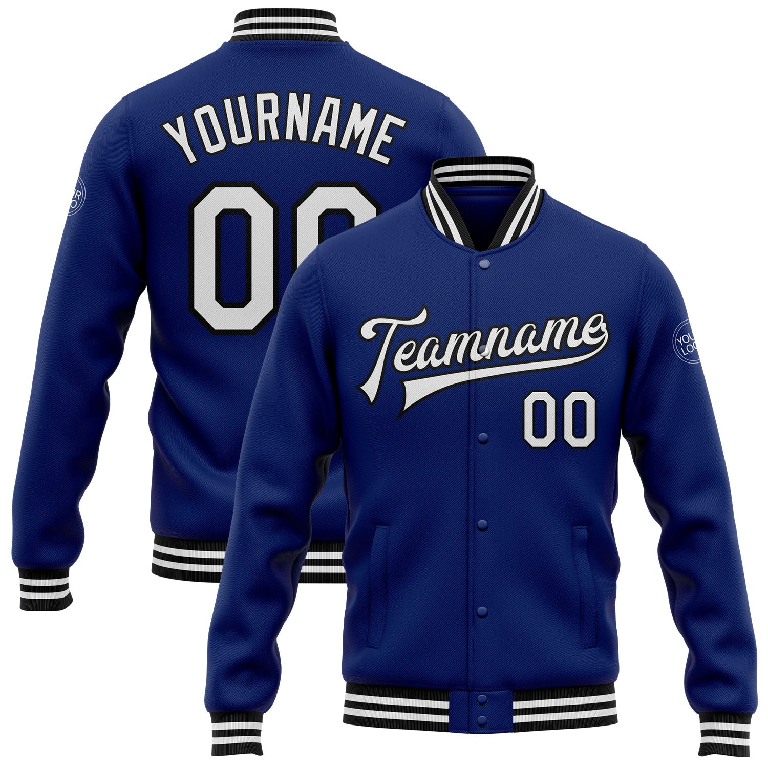 Custom Royal White-Black Bomber Full-Snap Varsity Letterman Jacket - Main View
