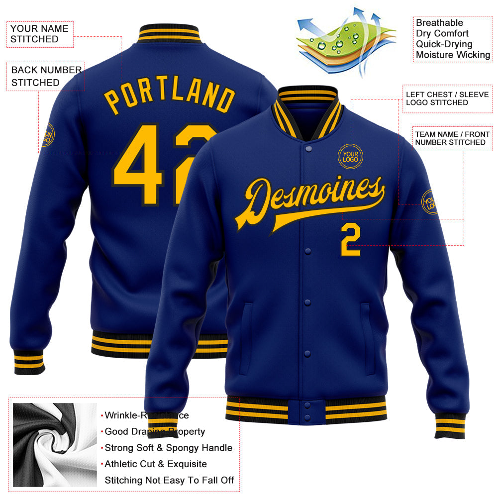 Custom Royal Gold-Black Bomber Full-Snap Varsity Letterman Jacket view 5