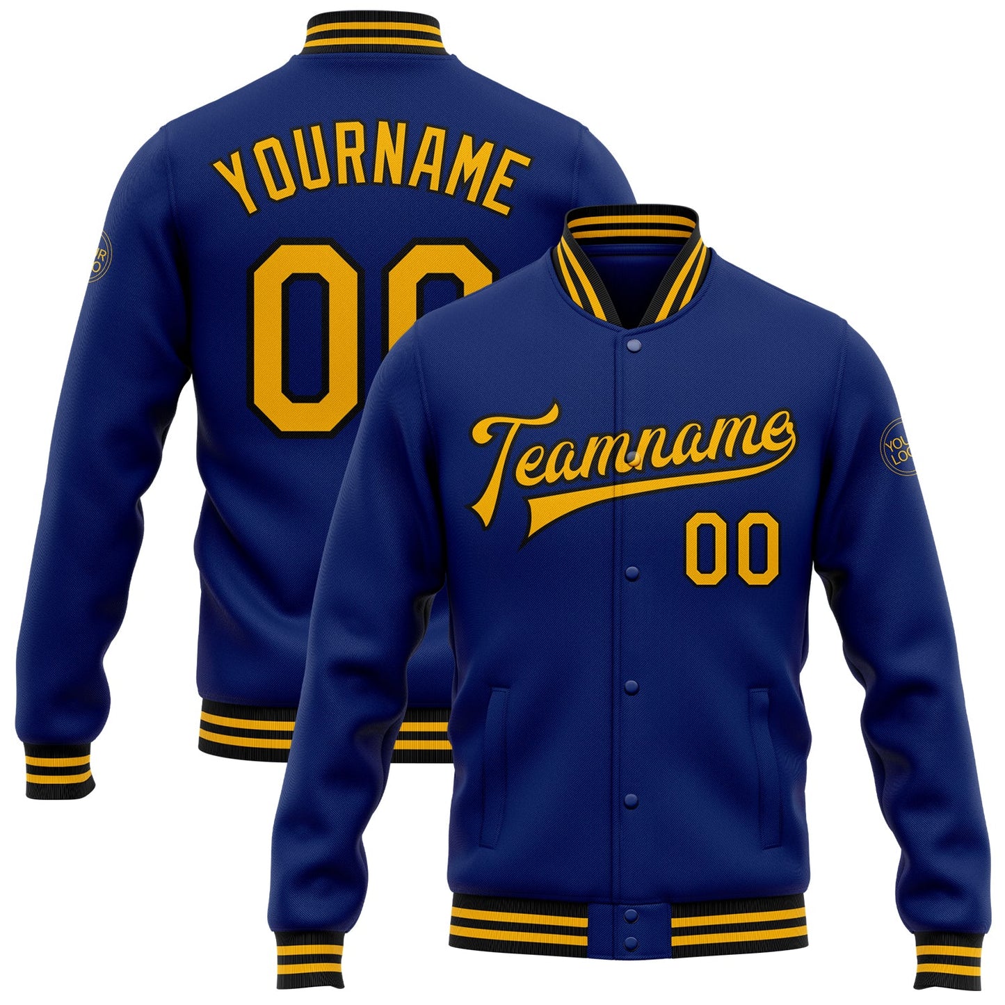 Custom Royal Gold-Black Bomber Full-Snap Varsity Letterman Jacket - Main View