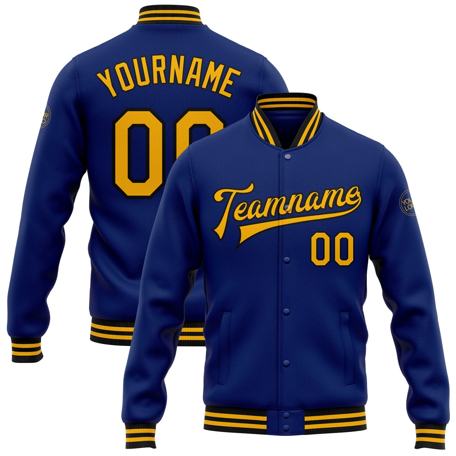 Custom Royal Gold-Black Bomber Full-Snap Varsity Letterman Jacket - Main View