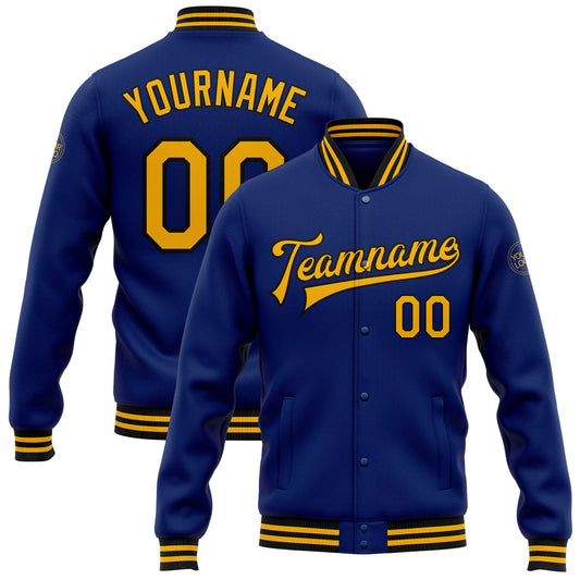 Custom Royal Gold-Black Bomber Full-Snap Varsity Letterman Jacket - Main View
