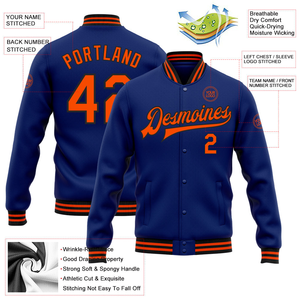 Custom Royal Orange-Black Bomber Full-Snap Varsity Letterman Jacket view 5