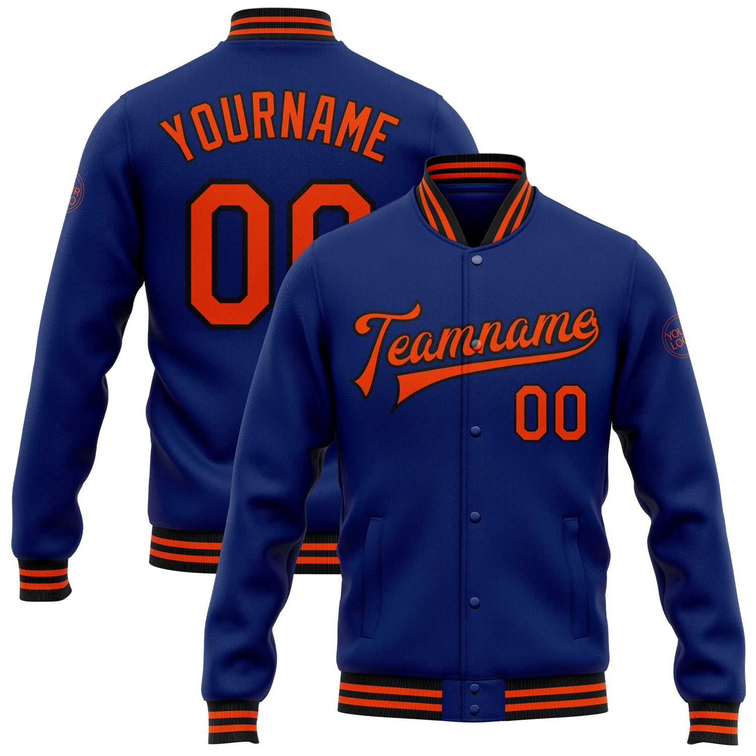 Custom Royal Orange-Black Bomber Full-Snap Varsity Letterman Jacket - Main View