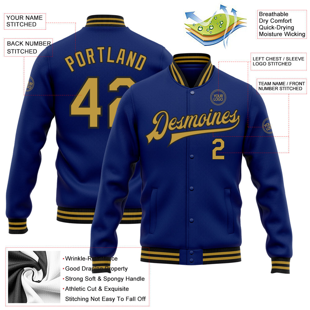 Custom Royal Old Gold-Black Bomber Full-Snap Varsity Letterman Jacket view 5