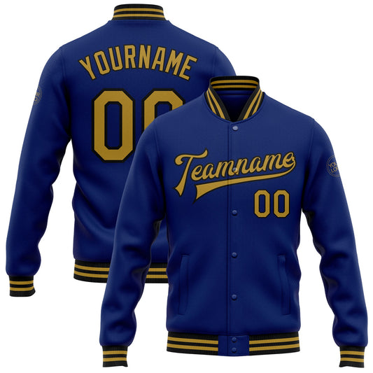 Custom Royal Old Gold-Black Bomber Full-Snap Varsity Letterman Jacket - Main View