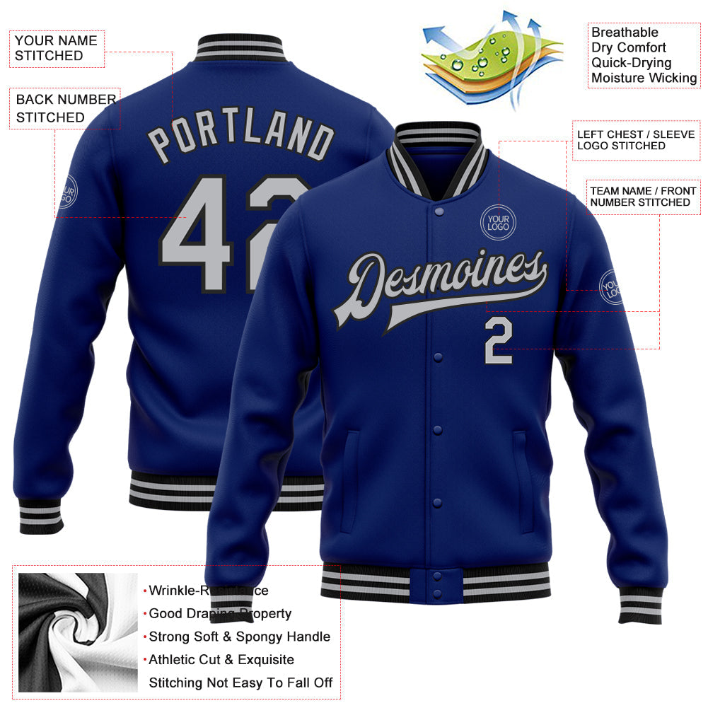 Custom Royal Gray-Black Bomber Full-Snap Varsity Letterman Jacket view 5