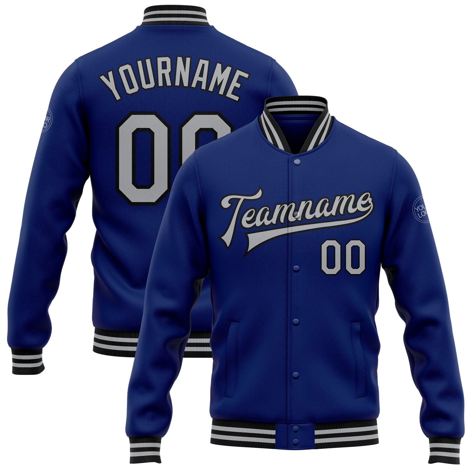 Custom Royal Gray-Black Bomber Full-Snap Varsity Letterman Jacket - Main View