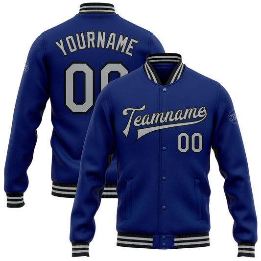 Custom Royal Gray-Black Bomber Full-Snap Varsity Letterman Jacket - Main View
