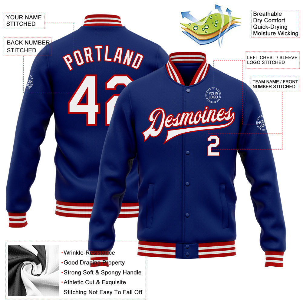 Custom Royal White-Red Bomber Full-Snap Varsity Letterman Jacket view 5