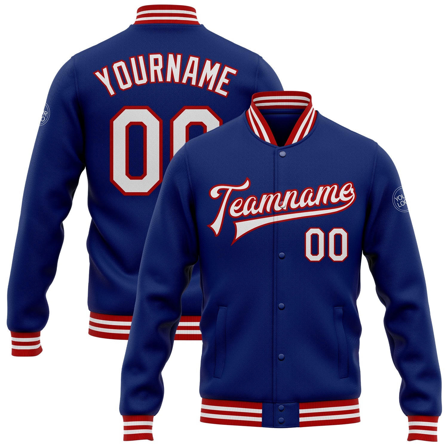Custom Royal White-Red Bomber Full-Snap Varsity Letterman Jacket - Main View