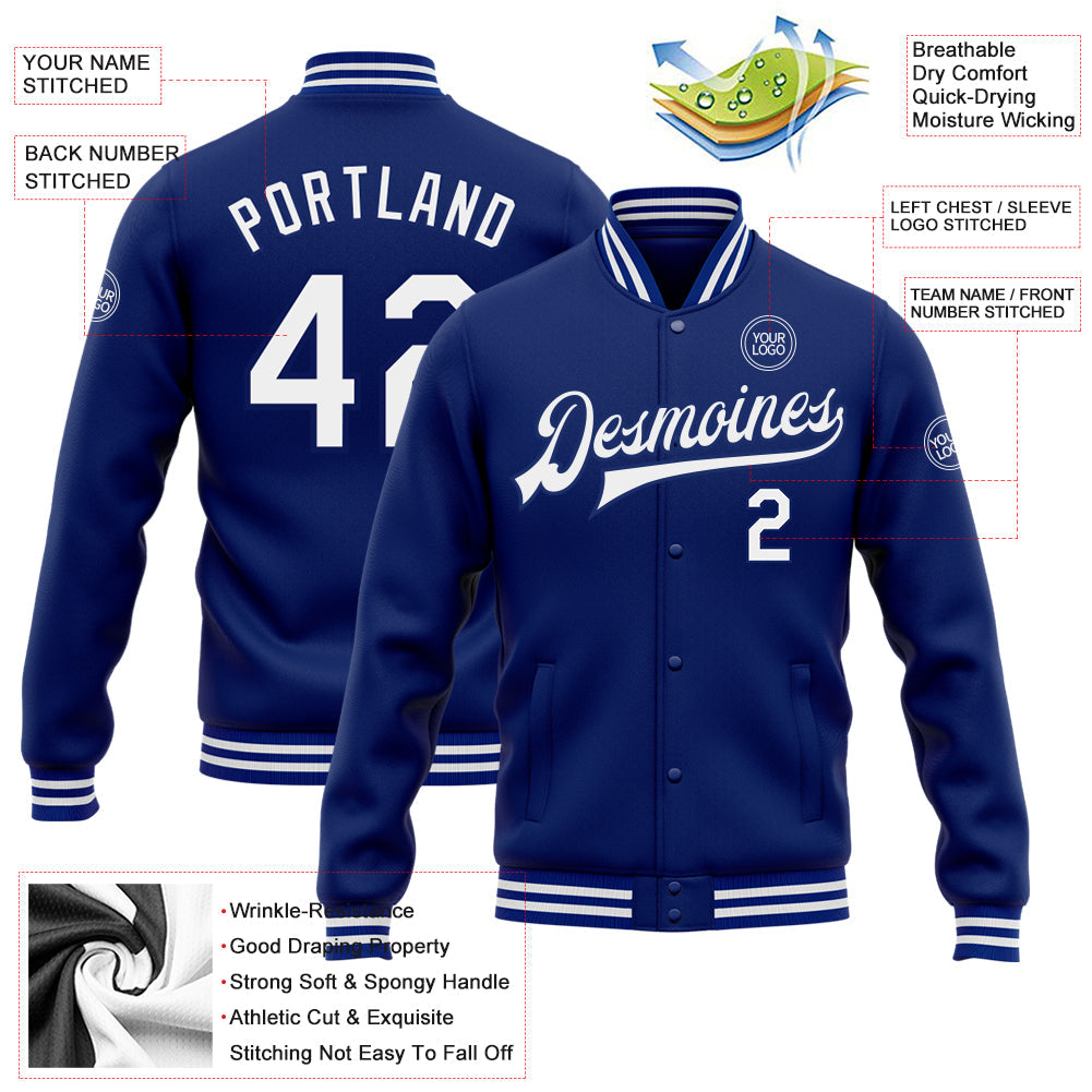 Custom Royal White Bomber Full-Snap Varsity Letterman Jacket view 5