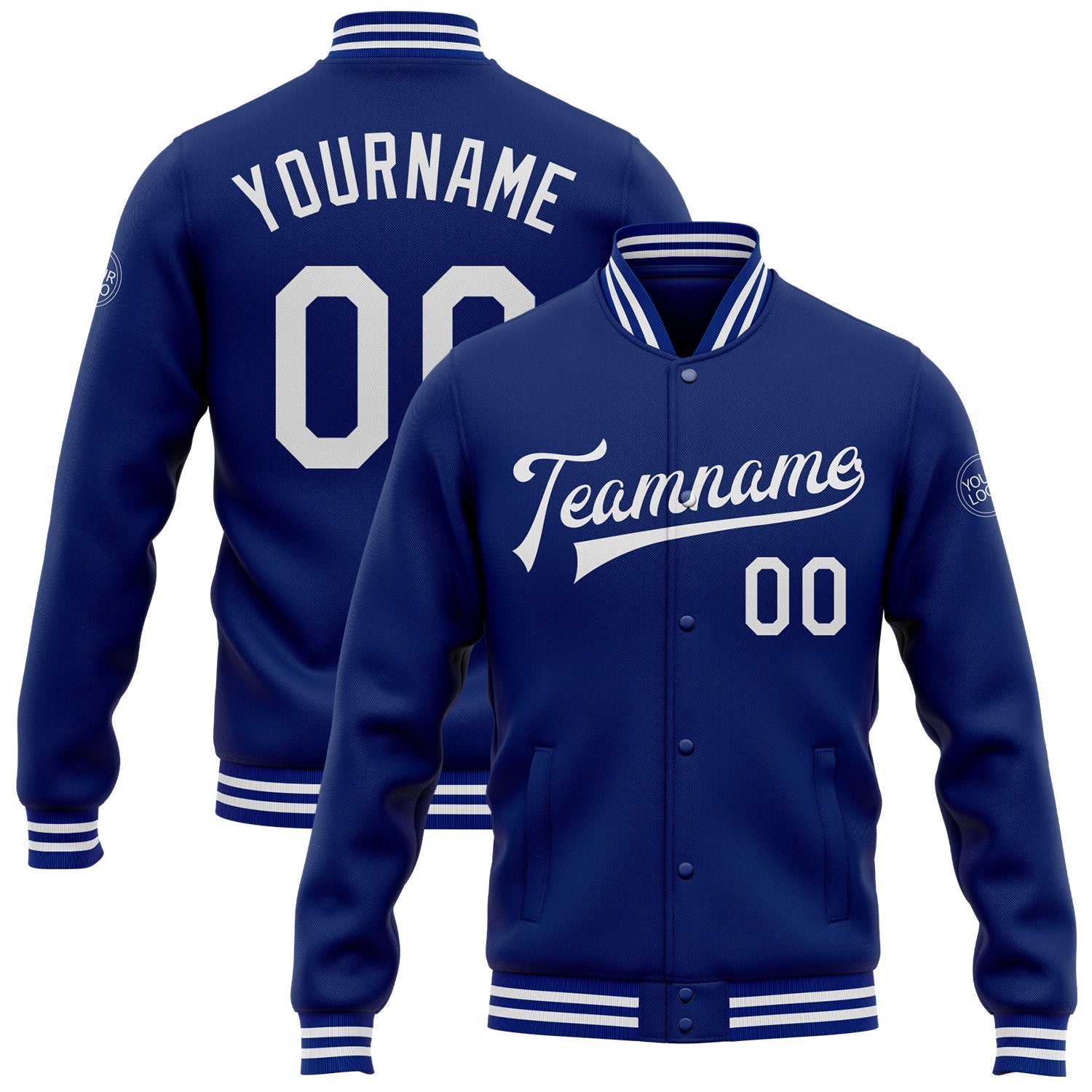 Custom Royal White Bomber Full-Snap Varsity Letterman Jacket - Main View